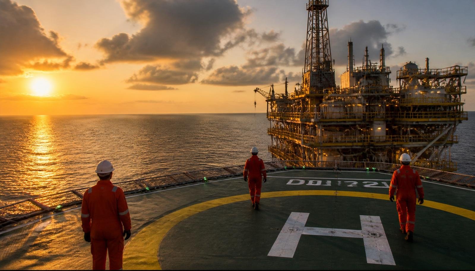Offshore oil rig workers in orange coveralls on a helideck at sunset in the North Sea